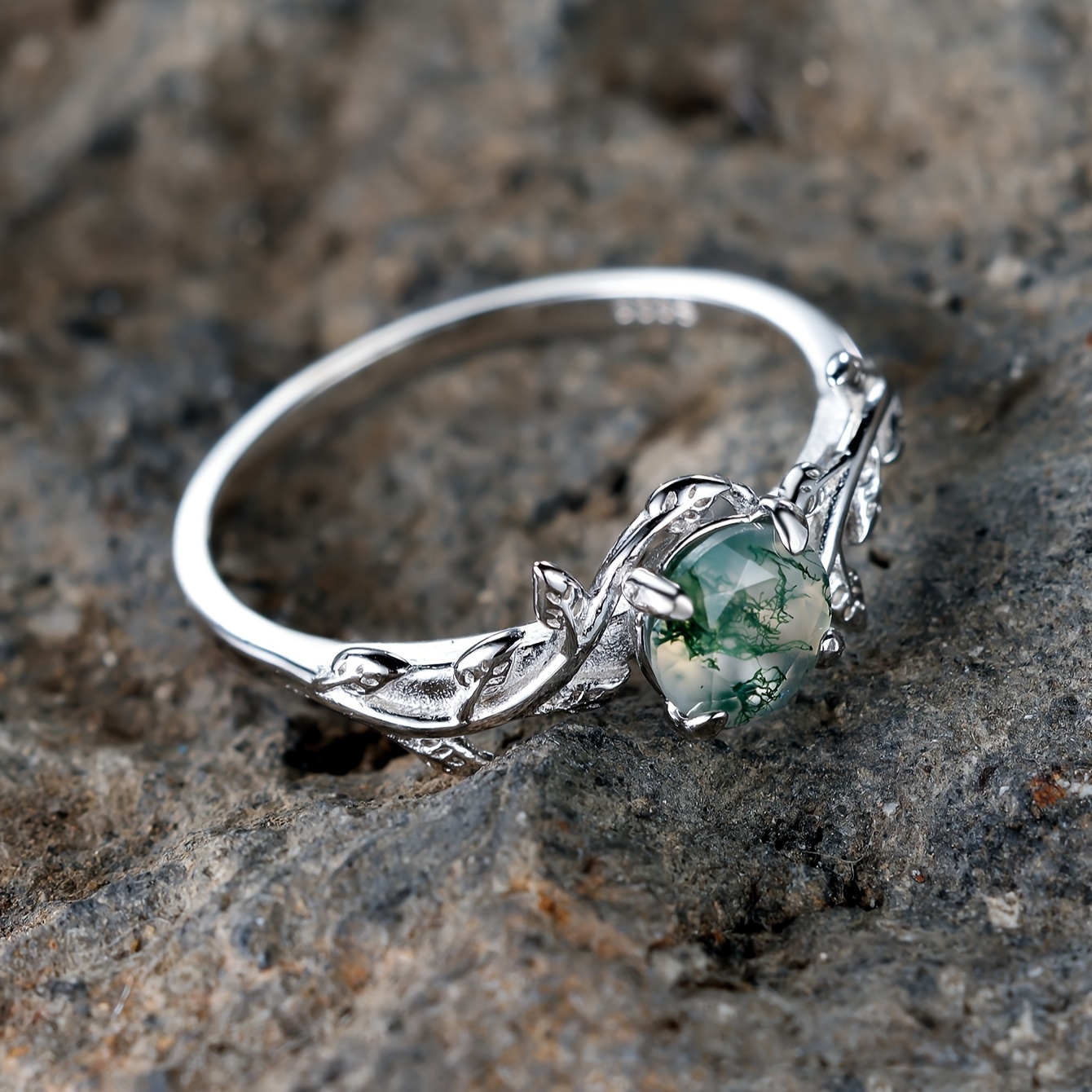 925 Silver Green Agate Leaf Ring Wedding Gift